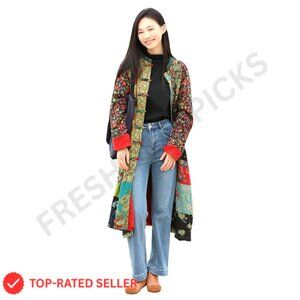 Cotton Linen Patchwork Long Jacket Oversized Cottagecore Style